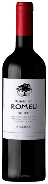 Vinho tinto Quinta do Romeu Reserva 2014, garrafa de vinho de alta qualidade, etiqueta elegante com detalhes dourados.