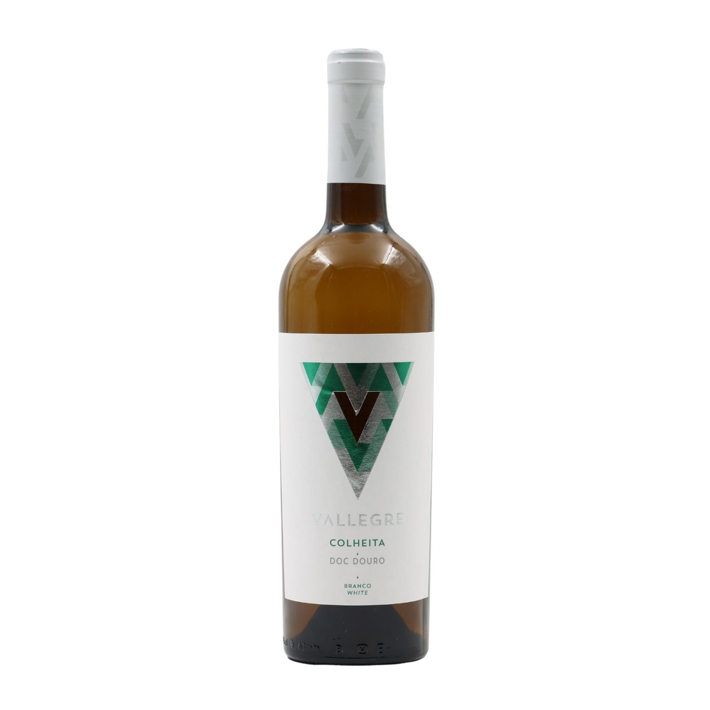 Taça de vinho branco Vallegre Branco 2017, garrafa de vinho branco da marca Vallegre, com rótulo e embalagem.