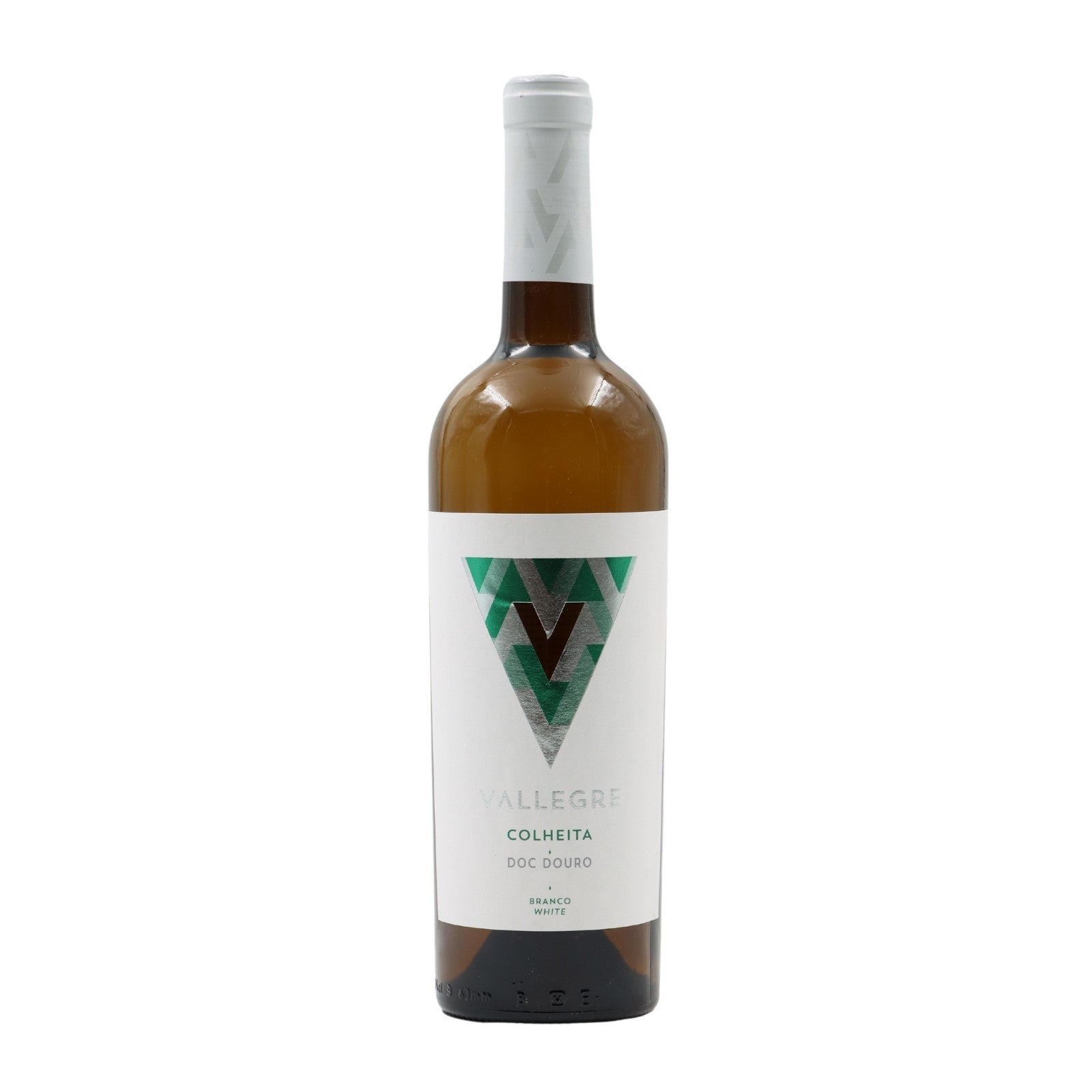 Taça de vinho branco Vallegre Branco 2017, garrafa de vinho branco da marca Vallegre, com rótulo e embalagem.