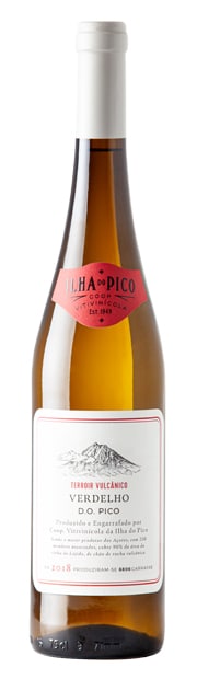 Vinho Verdelho da Adega Cooperativa dos Açores, garrafa de vinho branco com rótulo colorido e tampa dourada.