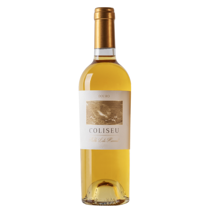 Vaso de vinho branco Coliseu Colheita Tardia da Coliseu Wines, garrafa de vinho de colheita tardia, elegante e tradicional.