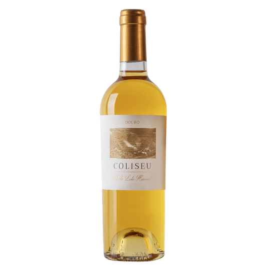 Vaso de vinho branco Coliseu Colheita Tardia da Coliseu Wines, garrafa de vinho de colheita tardia, elegante e tradicional.