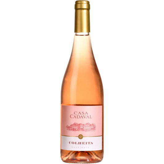 Vinho Rosé Casa do Cadaval Colheita, garrafa de vinho de vidro com rótulo elegante, em ambiente de mesa.
