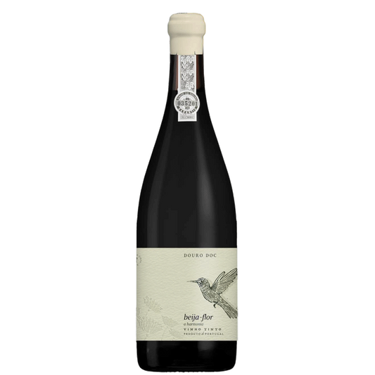 Vinho tinto Beija Flor Harmonia by Luis Seabra, garrafa de vinho com rótulo colorido e elegante, em fundo neutro.