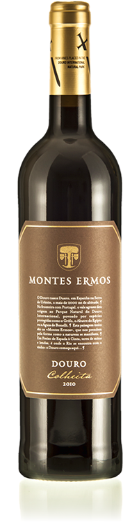Vinho tinto Montes Ermos da Adega Cooperativa de Freixo de Espada à Cinta, garrafa de vidro com rótulo elegante.